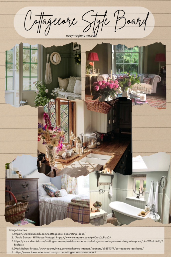 A decor style board of cottagecore themed rooms around the home.