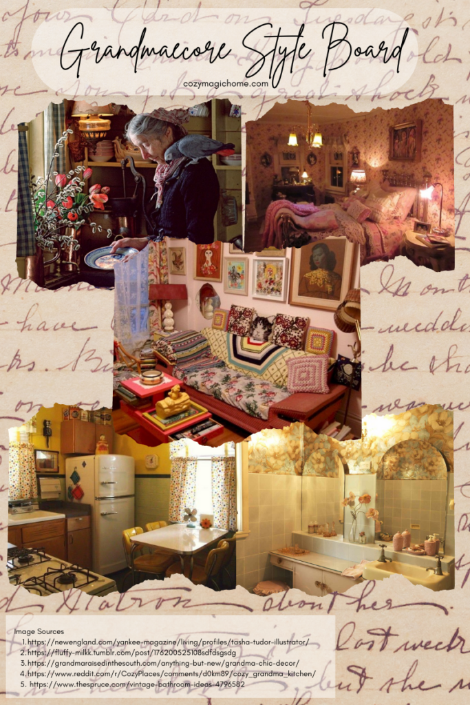 A decor style board of grandmacore themed rooms around the home.