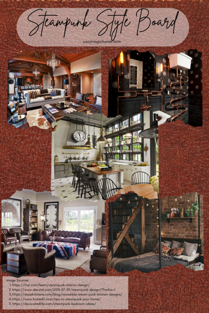 A decor style board of steampunk themed rooms around the home.